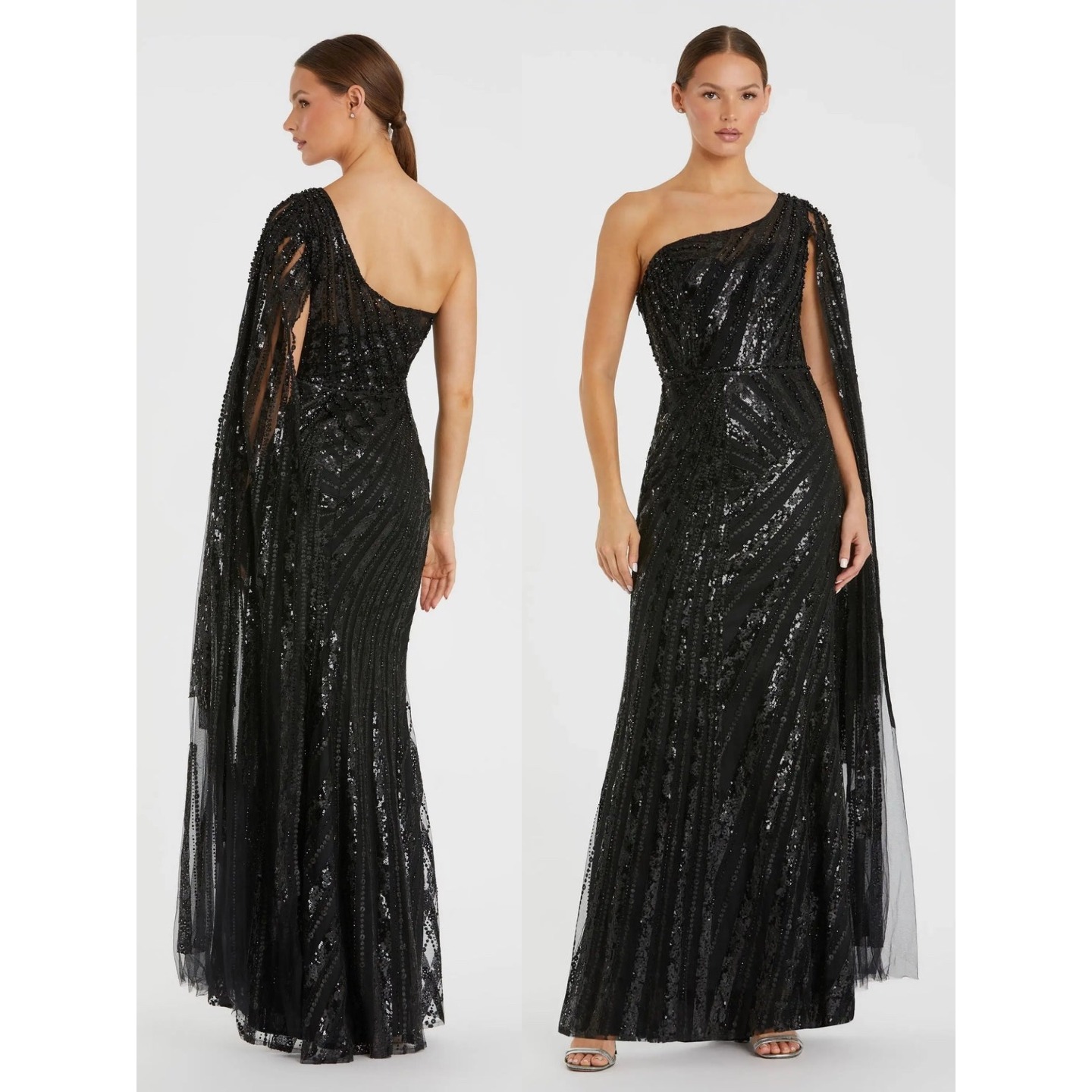 New Mac Duggal Black One Shoulder Cape Sleeve Embellished Gown $898 - Size 4